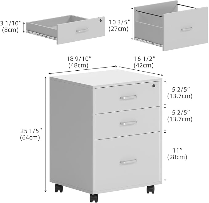 Need 3 Drawer Wood Mobile File Cabinet with LockRolling Filing Cabinet for Letter/A4 Size for Home OfficeWhite10CZLXFC04WT-ND-XIN