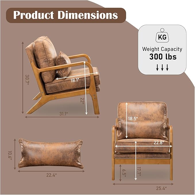 Leather Armchair with Wood Frame Waist Cushion Mid Century Modern Comfortable Single Person Sofa Chair Armrest Reading Accent Chairs for Living Room Bedroom (Brown)