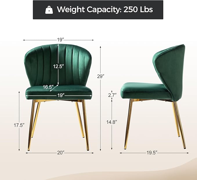 HULALA HOME Velvet Dining Chairs Modern Small Armless Accent Chair with Gold Metal Legs Living Room Upholstered Cute Side Chair Elegant Tufted Back Vanity Chair for Bedroom/Beauty Room-Green