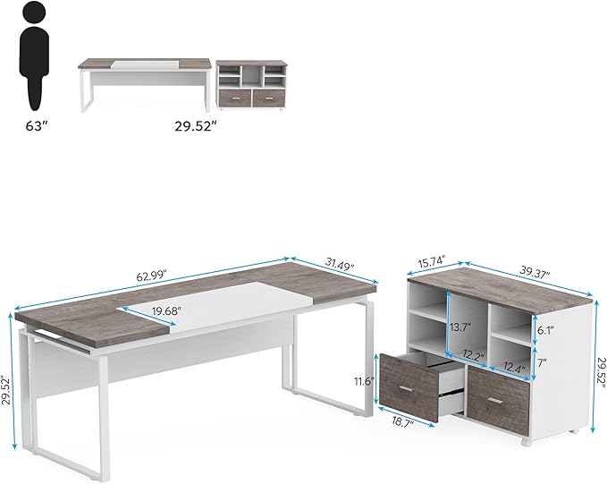 Tribesigns L-Shaped Desk with Drawers 63 Office Desk with File Cabinet Computer Executive Desk with Drawer Cabinet Set (Gray &amp White)