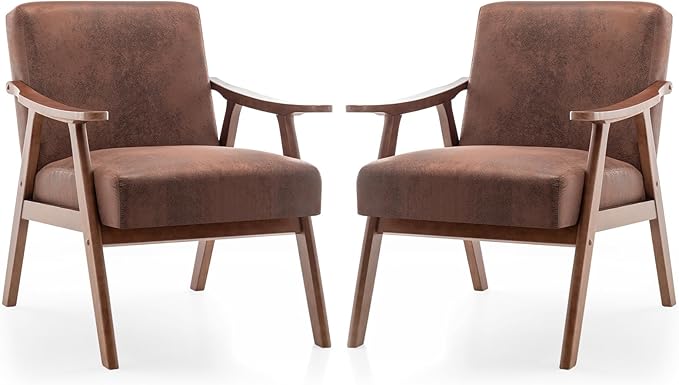 Rovibek Upholstered Accent Chair with Arms - Mid Century Modern Accent Chairs with Wood Frame Upholstered Arm Chairs with 5.9in Thick Foam Brown Occasional Chair Set of 2