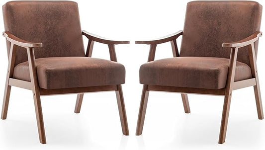 Rovibek Upholstered Accent Chair with Arms - Mid Century Modern Accent Chairs with Wood Frame Upholstered Arm Chairs with 5.9in Thick Foam Brown Occasional Chair Set of 2