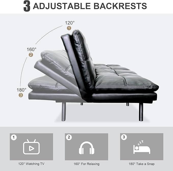 Vipbear Futon Sofa Bed Couch 71 Convertible Sofa Bed Space-Saving Loveseat with Adjustable Backrest &amp Armrest for Living RoomApartmentOfficeBlack Sleeper Sofa