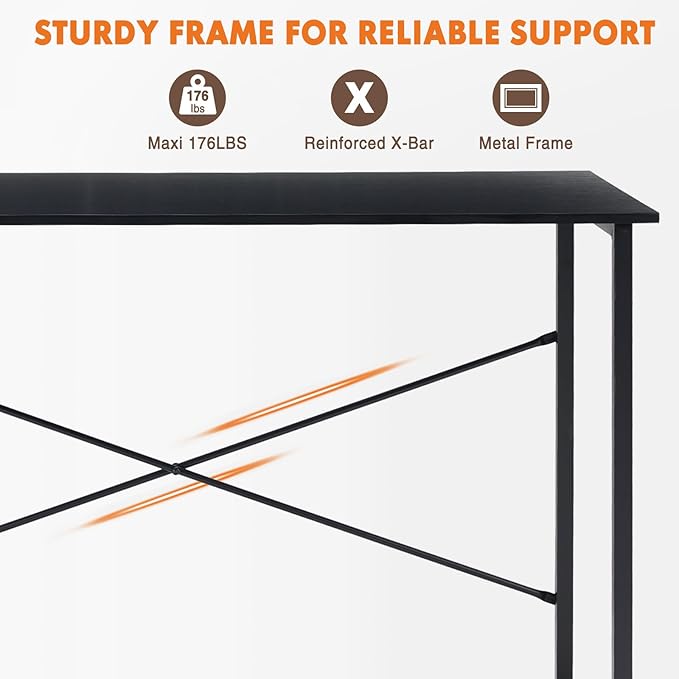 Sweetcrispy Computer Office Desk 55 Inch Student Study Writing Work with Metal Frame Wood Tabletop Modern Simple PC Home Bedroom Table - Black