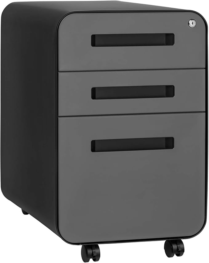 Laura Davidson Furniture Stockpile 3 Drawer File Cabinet with Lock - Under Office Desk Metal Filing Cabinet Legal/Letter File Folders Wheels and Stationary Feet Pre-Assembled Black/Grey
