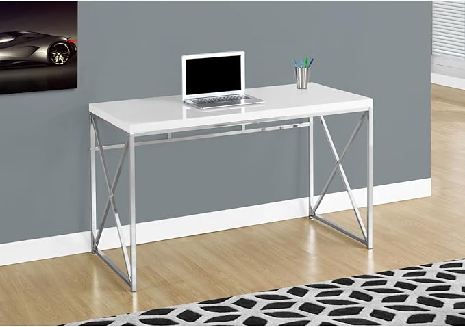 Computer Desk Home Office Laptop Work Glossy White Laminate Chrome Metal Contemporary Modern White Thick Panel Table Limited Space Modern Office Setup