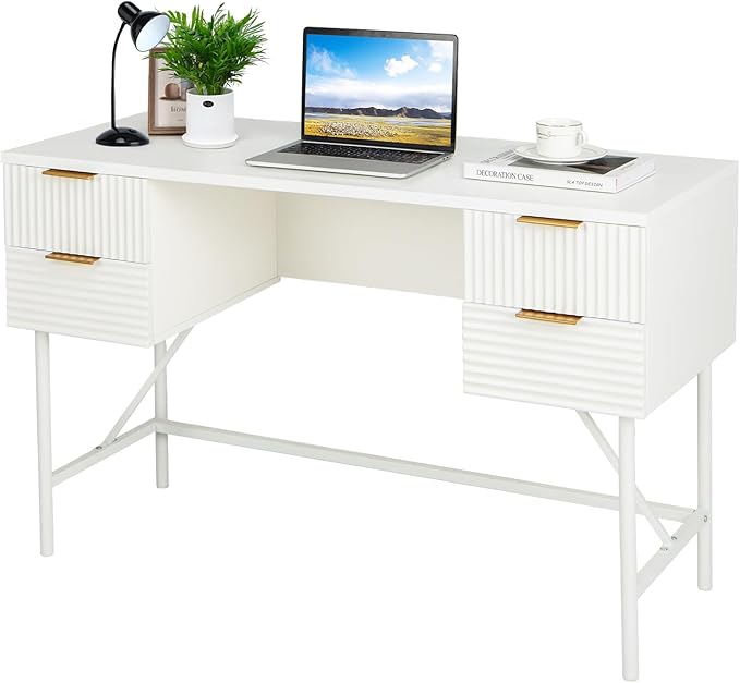 Tangkula White Desk with 4 Drawers 48 Inch Home Office Desk with Storage Modern Computer Desk Study Writing Desk with Metal Frame for Bedroom Study Office