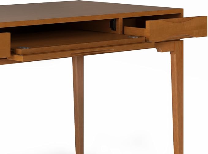 SIMPLIHOME Harper Desk - 60 Inch Wide Solid Wood Writing Desk in Light Golden Brown Mid-Century Modern Home Office Computer Table for Study with 2 Drawers and Flip-Down Keyboard Tray