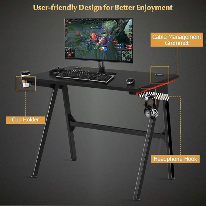 POWERSTONE Gaming Desk - 40 Inch Ergonomic Pc Computer Racing Style Office Desk Gamer Tables Workstation with Headphone Hook and Cup Holder