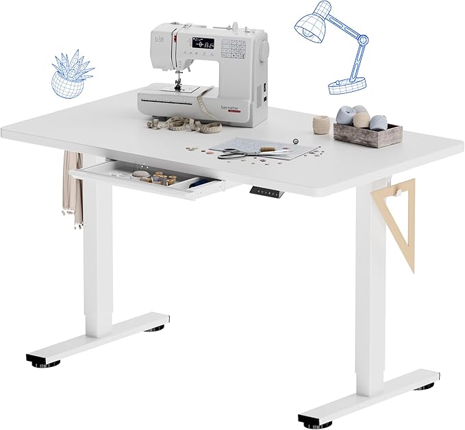 FLEXISPOT Electric Adjustable Workbench 48x30 Inches Ergonomic Worktable with Drawer for Garage Workshop Office and Home Spacious Desktop for Woodworking Sewing and Crafts White 3 Packages