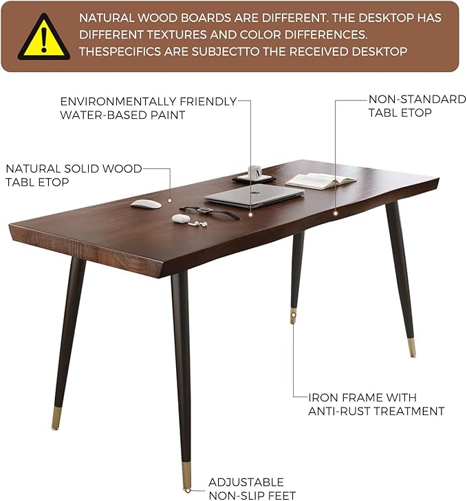 Modern Simple Style 55 Standing Desk Study Computer Desk - Black Metal Frame Solid Wood Planks for Home Office Bedroom