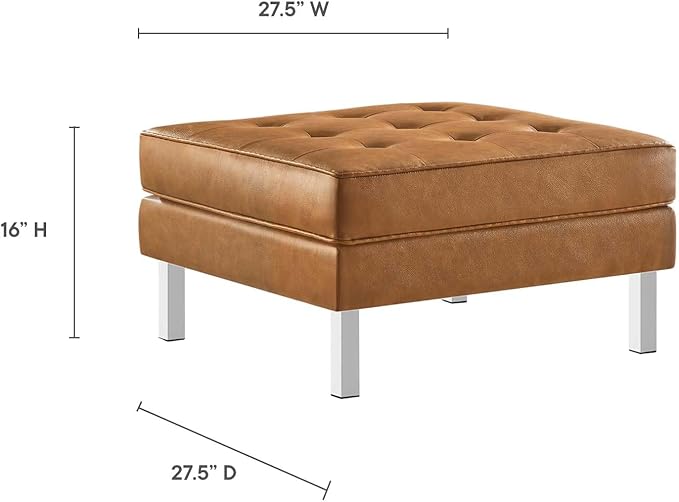 Modway Loft Tufted Button Faux Leather Upholstered Square Ottoman in Silver Tan