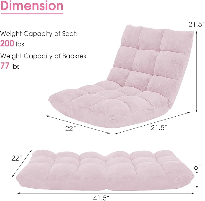 Giantex Floor Chair with Back Support 14 Adjustable Position Padded Sleeper Bed Couch Recliner Gaming Floor Chairs for Meditation Adults Living Room Gaming Chair Floor Light Pink