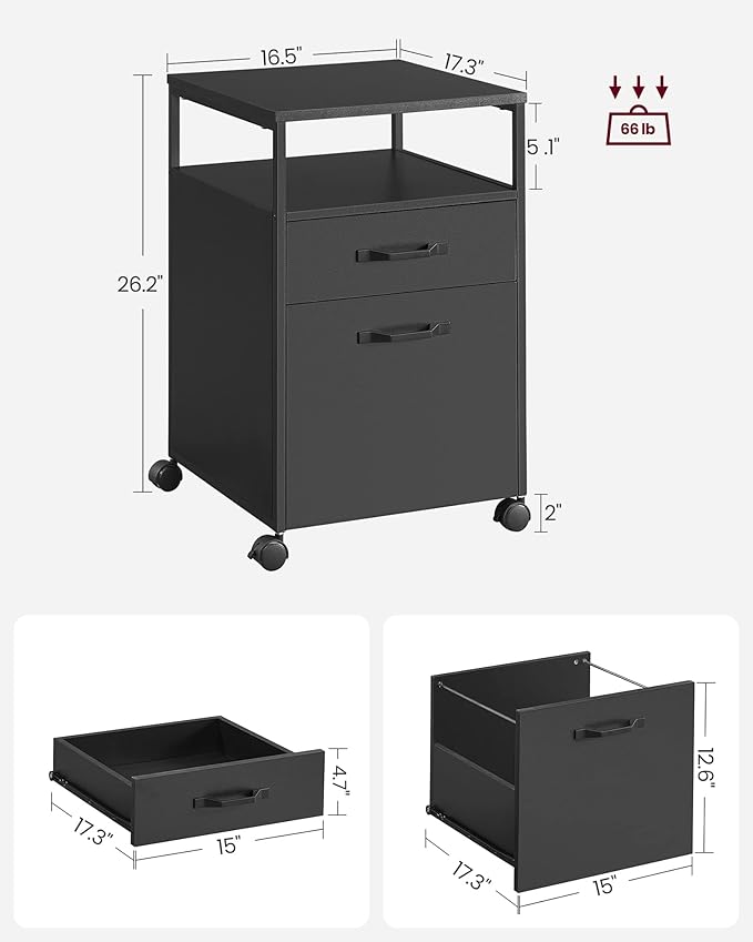 VASAGLE File Cabinet Mobile Filing Cabinet with Wheels 2 Drawers Open Shelf for A4 Letter Size Hanging File Folders Ink Black UOFC071B16