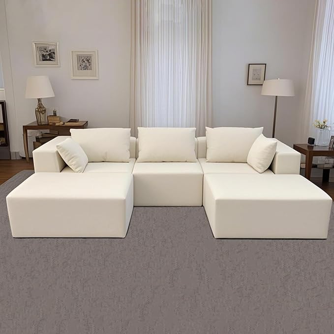 Modern Modular Sectional Sofa 110 Inch Comfy 3 Seater U-Shaped Cloud Couch with 2 Movable Ottomans Chenille Boneless Sofa Couch with Deep Seat for Living RoomNo Assembly RequiredWhite