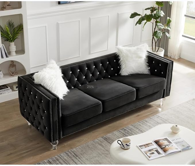 i-POOK 83 W 3 Seat Velvet Couch Chesterfield Sofa with 2 Plush Pillows Crystal Legs and Nailhead Trim Arms Button Tufted Black Couch for Living Room Office Guests Room