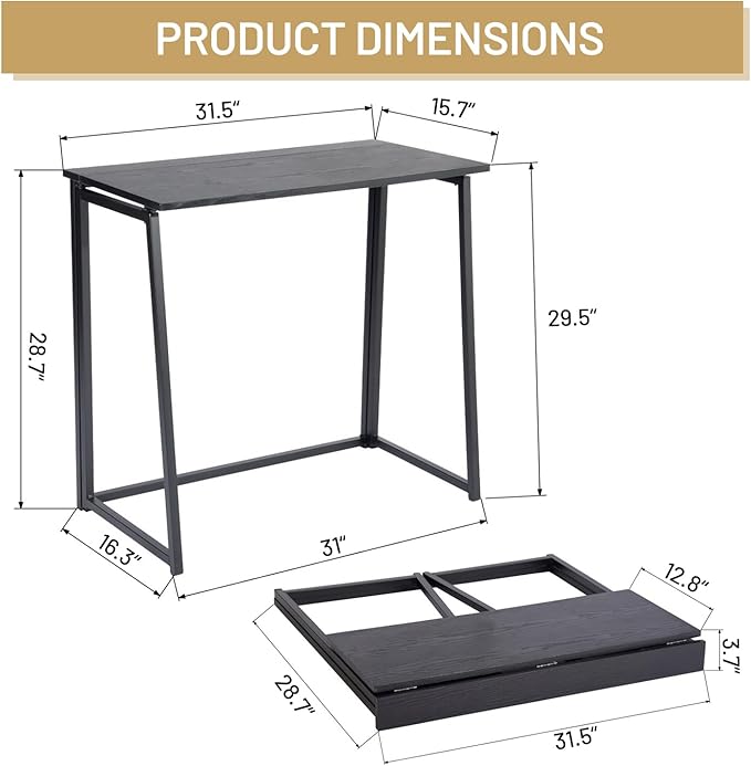 FurnitureR Folding Home Office Desk 31.5 Inches Foldable Table Space Saving Computer Study Desk Compact Writing Workstation for Small Space Black