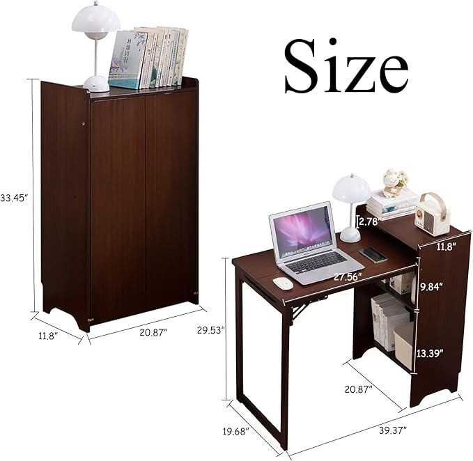 Bamboo Foldable DeskHidden Desk with StorageMid Century Fold Out Table for Small SpacesHome Office and Bedroom (Walnut Brown)