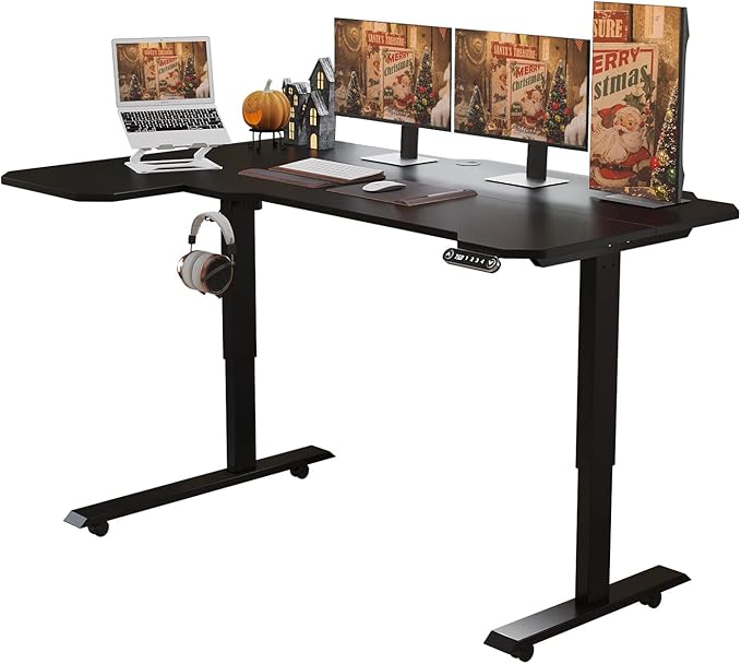 L-Shaped 59 Height Adjustable Electric Standing Desk Sit and Stand Up Computer Desk For Home Office with Splice Board (Black Top Black Frame)