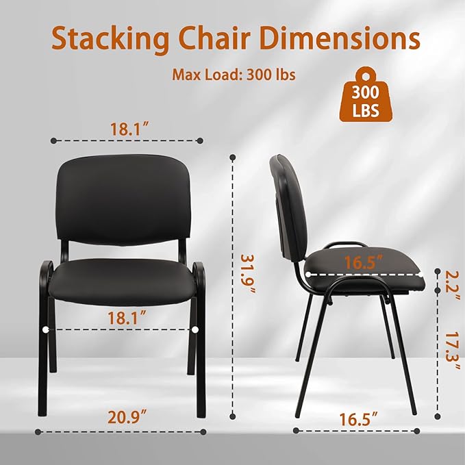 CLATINA Stacking Waiting Room Chairs PU Leather Armless Office Guest Chair with Metal Frames Stackable Conference Room Chairs No Wheels for Reception Lobby Side Meeting Training School Black