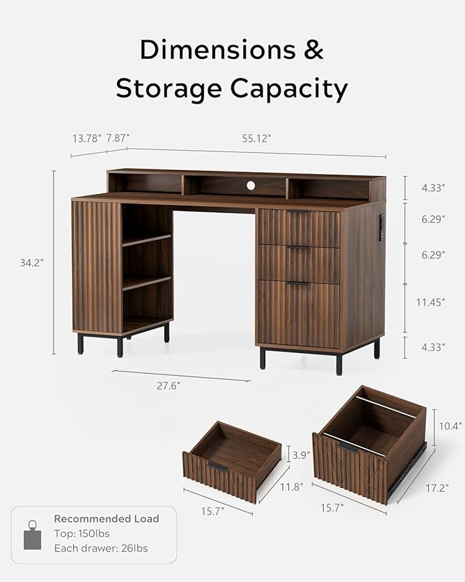 Brown Fluted Executive Desk with Storage Shelf &amp File Drawer 55 Modern Wood Office Desk with Monitor Stand &amp Charging Station Home Writing Computer Table for Work Study