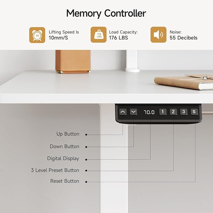 ONBRILL Standing Desk with 2 Adjustable Monitor Shelves 63 x 24 Inch Electric Stand Up Desk with Memory Controller and Adjustable Height from 28-46 inches for Computer Workstations All White
