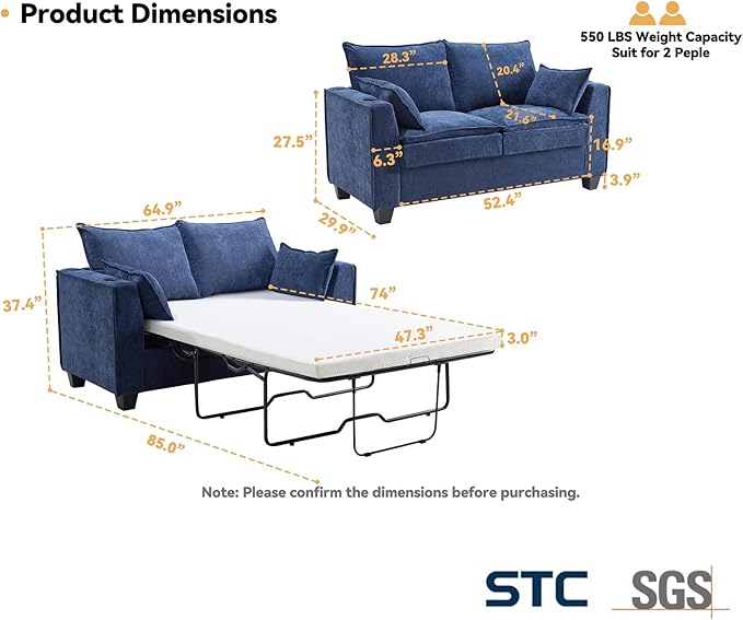Brelice 65 Pull Out Sofa Bed Sleeper Sofa Couch 2-in-1 Convertible Chenille Loveseat with USB Charging Port and Memory Foam Mattress Full Size Pullout Bed for Living Room Apartment or Office