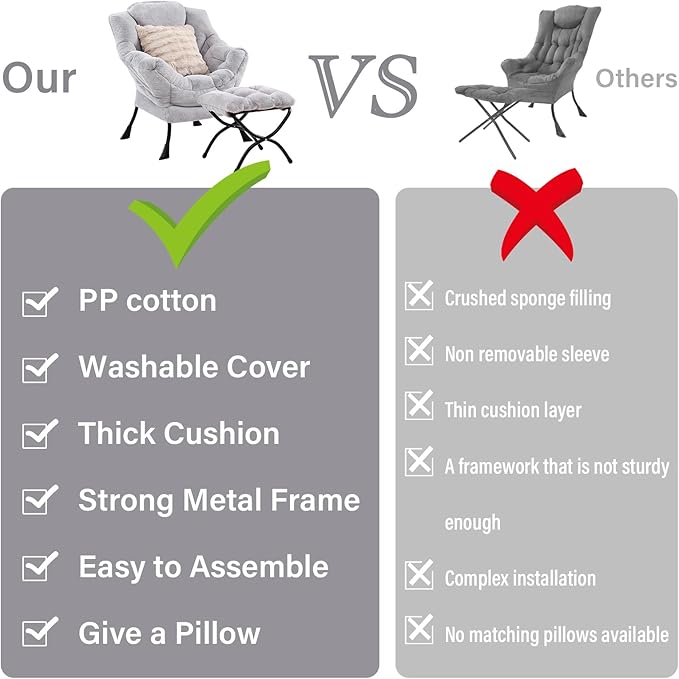 Lazy Chair with Ottoman Large Light Grey Accent Chair with Ottoman and FA Throw Pillow Comfy Plush Reading Chair for Living Room Bedroom Dorm Room Office Apartment Relaxing Use
