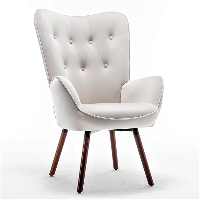 Chic Accent Arm Chairs for Living Room Bedroom or Home Office Button-Tufted Midcentury Armchair with Wingback Design and Splayed Legs Ivory