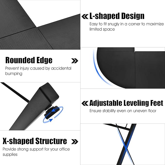 GRAFFY L-Shaped Computer Desk - Gaming Corner Workstation with Large Monitor Stand Round Corner Multifunctional Home Office Desk (Black)