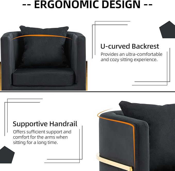 X-VOLSPORT Velvet Accent Chair in Black Modern Barrel Arm Chair for Living Room/Bedroom/Guest Reception Upholstered Club Armchair with Pillow &amp Gold Base