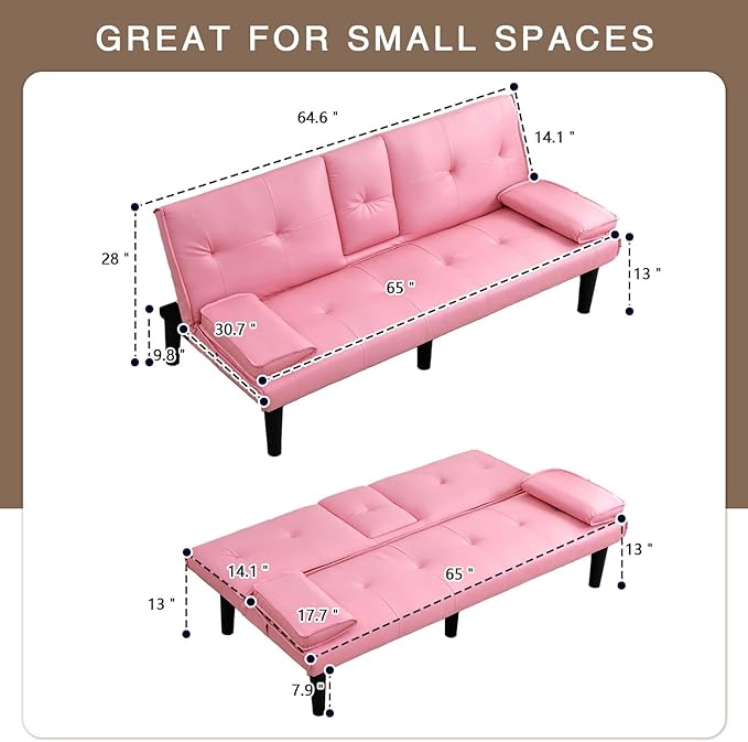 67 Futon Sofa BedConvertible Sofa Bed with 2 Cup HoldersSleeper Couch PVC Leather Removable Soft Armrest Small Couch for Living Room Apartments ﻿ (Pink)
