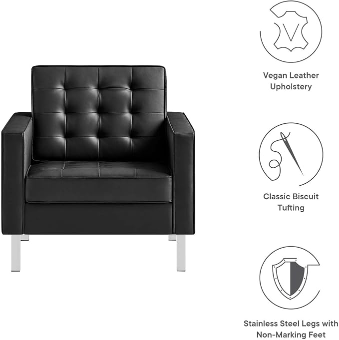 Modway Loft Tufted Button Faux Leather Upholstered Accent Armchair in Silver Black