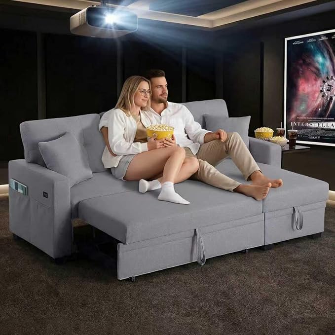82 L Shaped Sleeper Sofa Bed: Sectional Sleeper Couch with Pull Out Bed Storage Chaise USB Charging 3 Seat Sectional Sofa Bed with Throw Pillow for Living Room (Linen Fabric Light Grey)