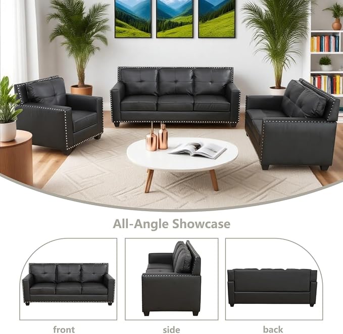 Modern 3-Seater Sofa with Softy Backrest Cooper Nail Comfortable Large couches for Living Room with Overstuffed Cushion Modern Leather Couch Set for Bedroom Apartment(Black-Faux LeatherSofa)