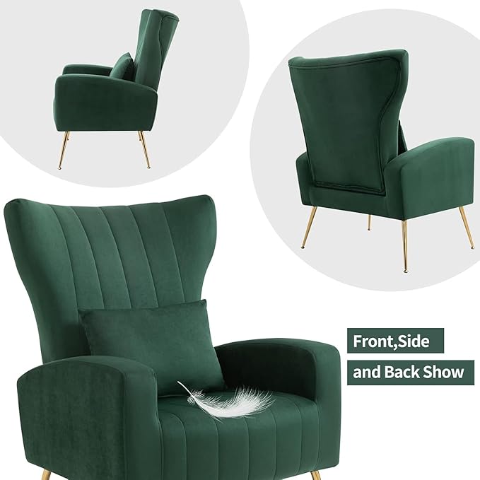 Modern Accent Chairs Set of 2 Wingback Chair with Arm &amp Gold Legs Living Room Bedroom Side Chair with Lumbar Pillow Velvet Upholstered Channel Tufted Green