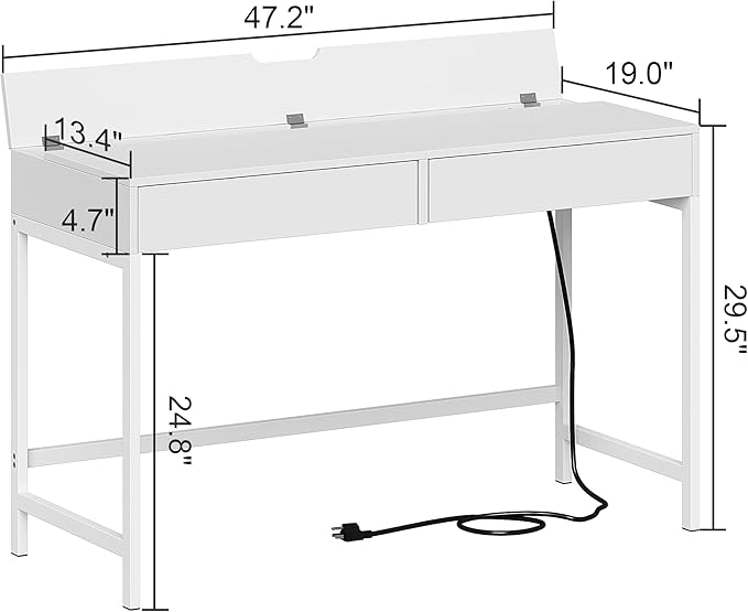 Treocho White Desk with USB Charging Ports and Power Outlets Modern Simple 47 inch Computer Desk with 2 Drawers Vanity Table Makeup Table for Home Office Bedroom