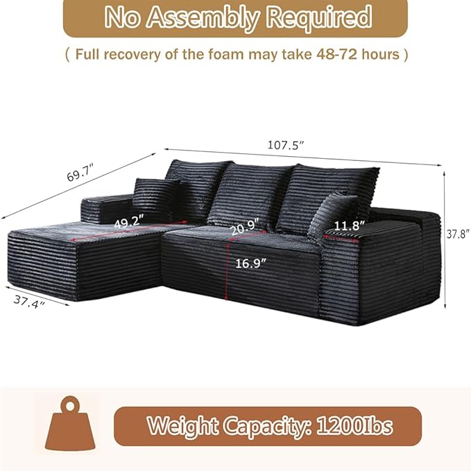 107.5 Sectional Couch Sofa Modular Cloud Couch with Pillows Corduroy L-Shape Sectional Couches for Living Room Apartment Office No Assembly Required (Black Left Facing Chaise+2 Seaters)