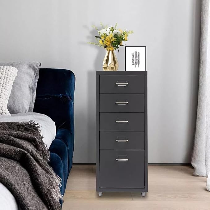 5-Drawer File Cabinet Office Filing Cabinet Stand Storage Organizer with Wheels Freestanding Rolling Storage Dresser Mutifuctional Tool Organizer for Kitchen Bedroom Living Room (Grey)