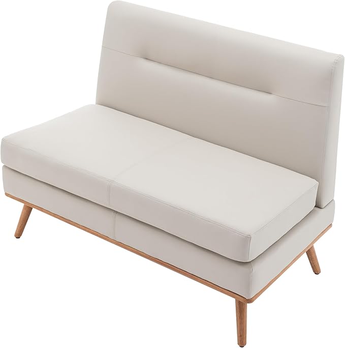 Aklaus Upholstered Small LoveseatFaux Leather Modern Mini Sofa Couch Love Seat Armless Settee Bench with Back for Living Room Bedroom Office Small Space Entryway Beige