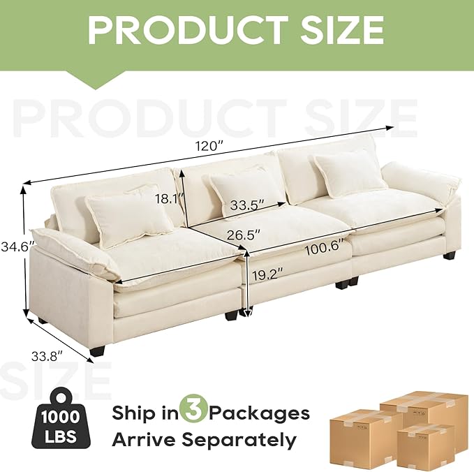 120 Comfy Cloud Sofa Couch with Throw Pillows Upholstered Deep Seat Cozy Sofa Sleeper Modern 3-Seater Modular Sectional Sofa for Living Room