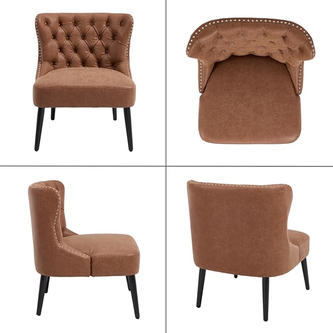 chairus Tufted Slipper Accent Chairs Set of 2 Faux Leather Upholstered Armless Living Room Chairs with Nailhead Trim Mid-Century Modern Wingback Side Chairs for Bedroom Office Brown PU