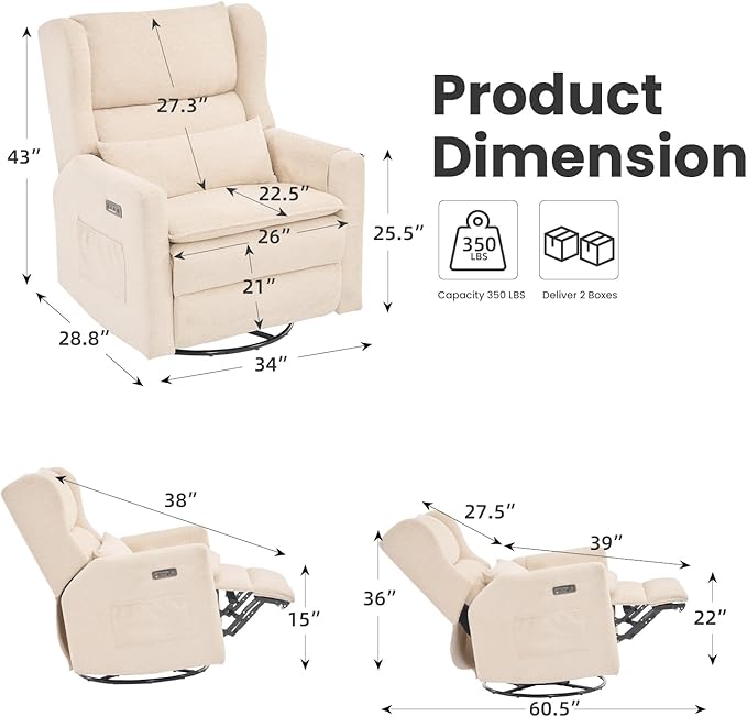 Oversized Swivel Rocker Recliner with Adjustable Headrest 26 Extra Wide Glider Recliner Nursery Chair with Double Cushion Chenille Glider Rocking Chair for Living RoomCup HolderBeige