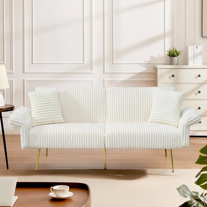 73 Convertible Futon Sofa BedComfy Teddy Fabric Sleeper Couch with 3 Reclining BackrestsGolden Chrome LegsModern Cloud Sofa Loveseat for Small Living Room Office (White-Corduroy)