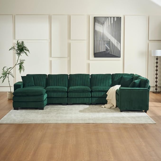 Modern U Shaped 6-seat Sectional Sofa Couch with one Ottoman and Three toss PillowsModular Sofa for Living RoomCorduroy Sofa (GreenCorduroy-7 Seat)