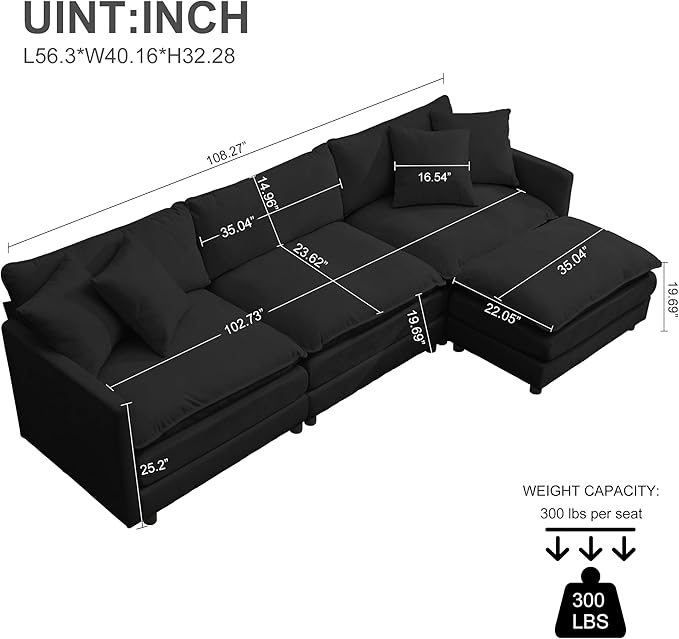 Modular Convertible Sectional Couch L-Shaped 4 Seat Sofa with Reversible Chaise Deep Seat Cloud Couch Sleeper Sofa Bed Chenille Fabric with Pillow for Living Room Bedroom and Apartment