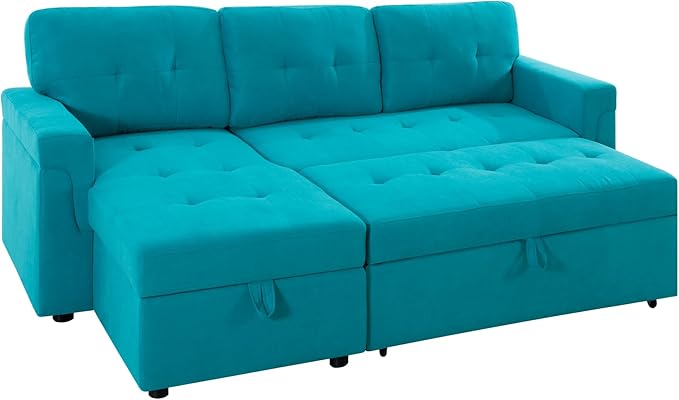 Naomi Home 85 in. Convertible Sofa with Storage Reversible L Shape Sofa Couch with Chaise Comfy Couches for Living Room Teal/Velvet