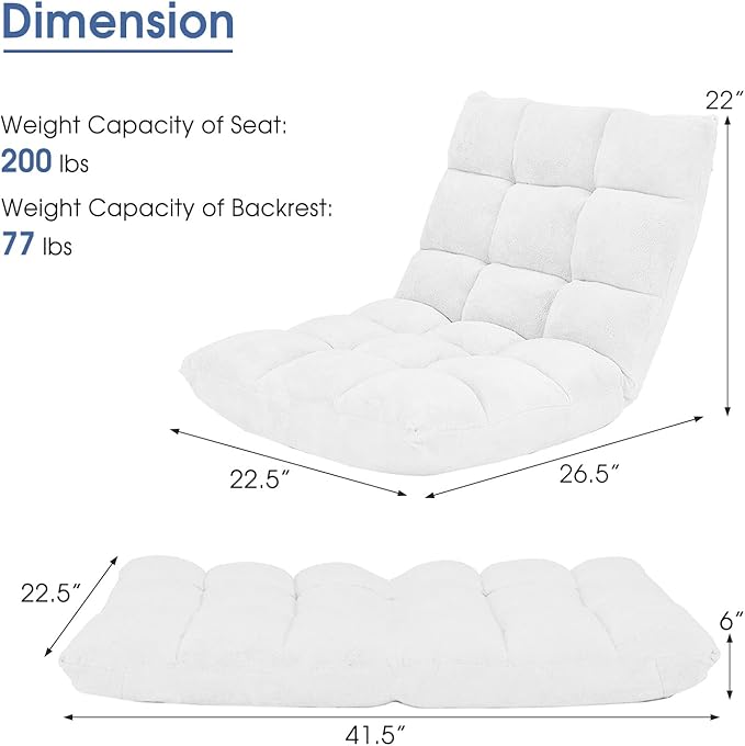 Giantex Floor Chair with Back Support 14 Adjustable Position Padded Sleeper Bed Couch Recliner Folding Gaming Floor Chairs for Adults Living Room Bedroom Yoga Meditation White