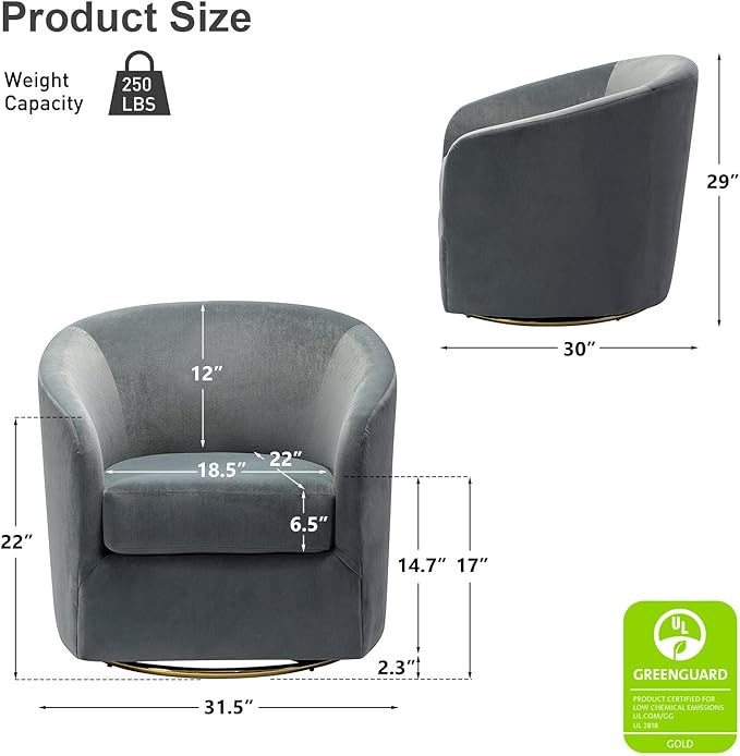 HULALA HOME Swivel Accent Chair with Gold Metal Base Set of 2 Contemporary Velvet Curved Swivel Barrel Chair Upholstered Club Armchair Leisure Single Sofa for Living Room Nursery Bedroom(Grey)
