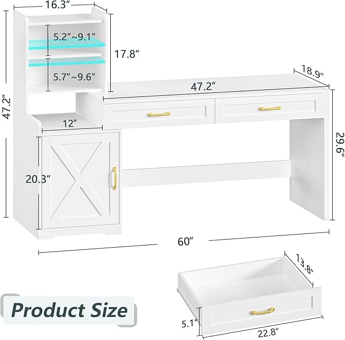 60 Computer Desk with Drawers &amp Bookshelves Home Office Desk with Storage Cabinet &amp Spacious Desktop Writing Gaming Study Table with Bookcase White